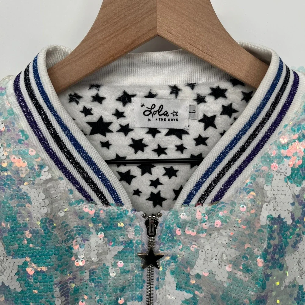 Lola + the Boys Sequins Star Bomber Jacket Kids Large White Iridescent Shimmer
